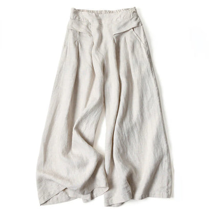 Plain Color Cotton Linen High Waist Wide Leg Pants With Pockets