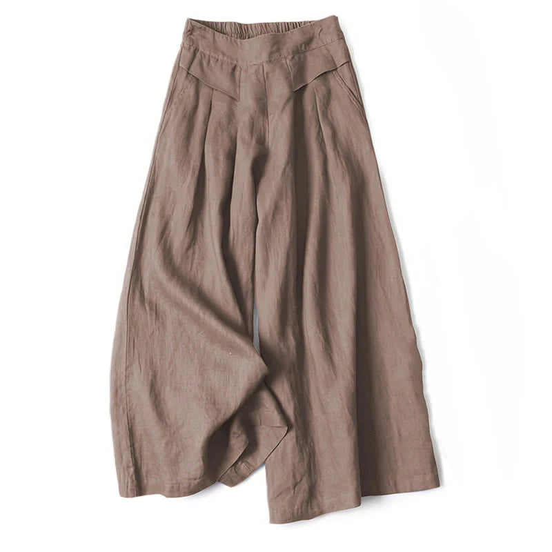 Plain Color Cotton Linen High Waist Wide Leg Pants With Pockets