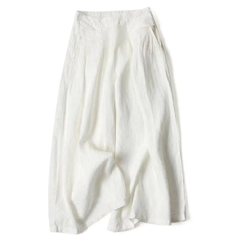 Plain Color Cotton Linen High Waist Wide Leg Pants With Pockets