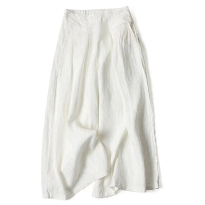 Plain Color Cotton Linen High Waist Wide Leg Pants With Pockets