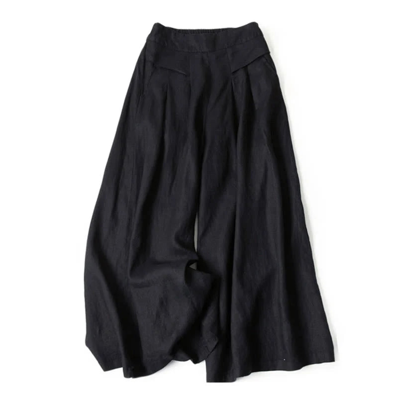 Plain Color Cotton Linen High Waist Wide Leg Pants With Pockets