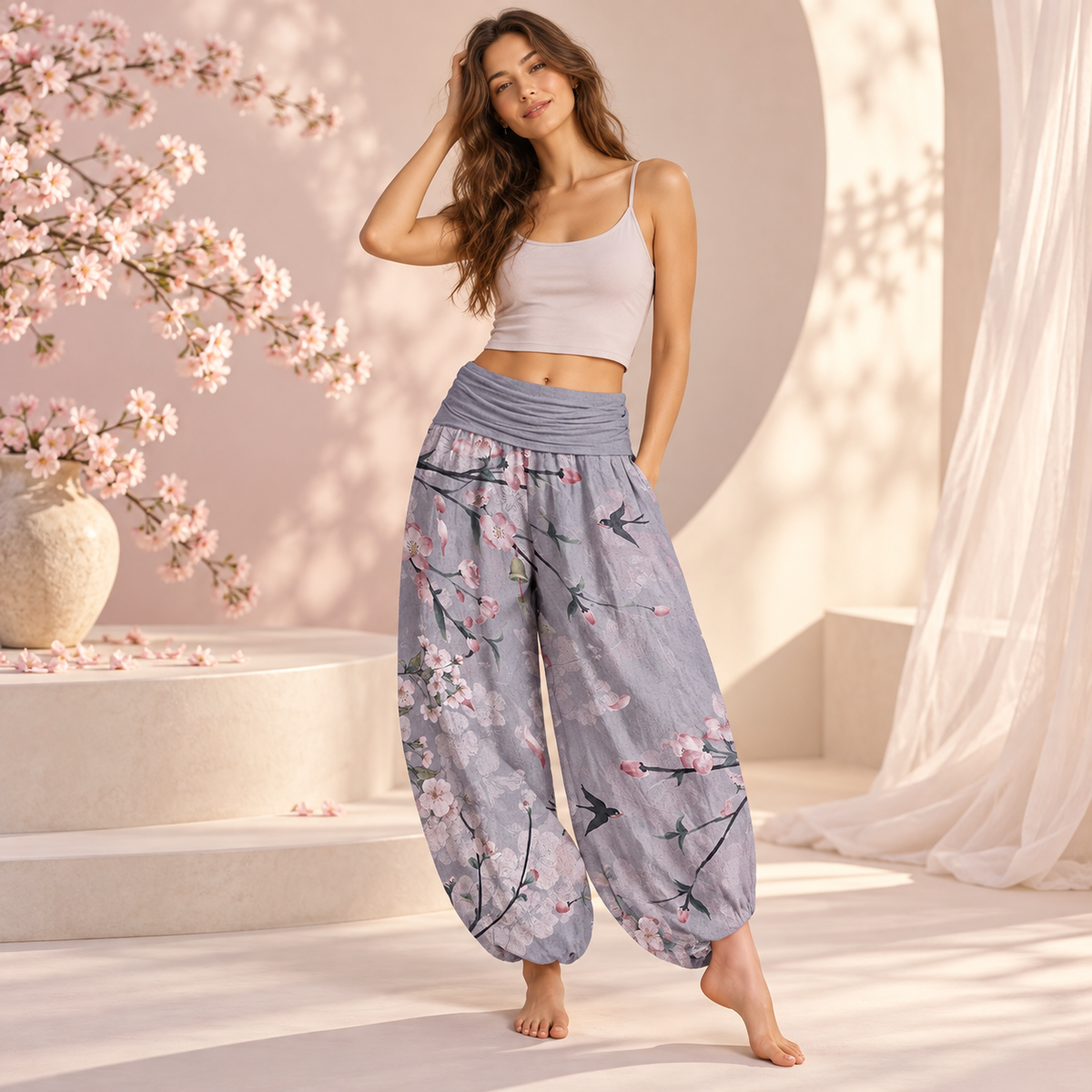 Pure Cotton Peach Blossoms Flying Geese Pattern Women_s Elastic Waist Harem Pants