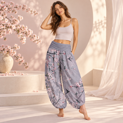 Pure Cotton Peach Blossoms Flying Geese Pattern Women_s Elastic Waist Harem Pants