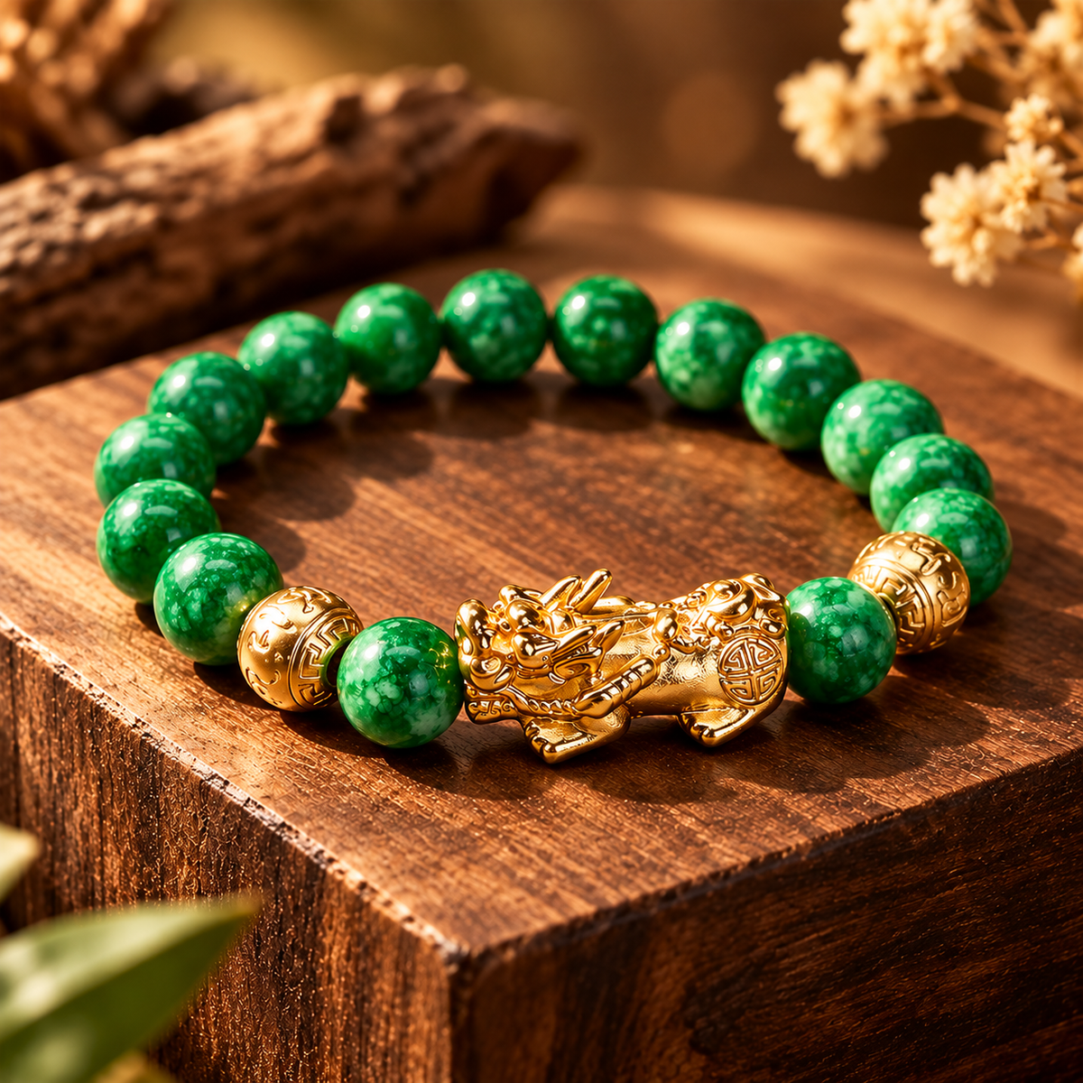 Natural Cyan Jade Beaded PiXiu Protection Bracelet