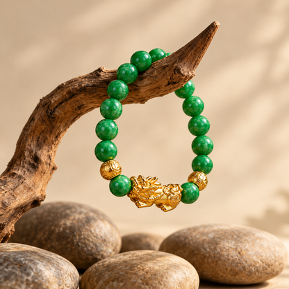 Natural Cyan Jade Beaded PiXiu Protection Bracelet