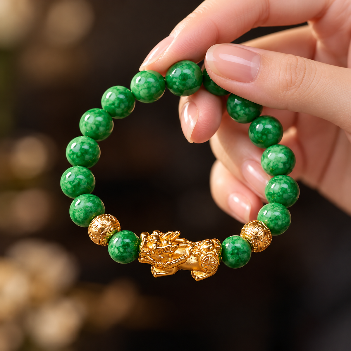 Natural Cyan Jade Beaded PiXiu Protection Bracelet
