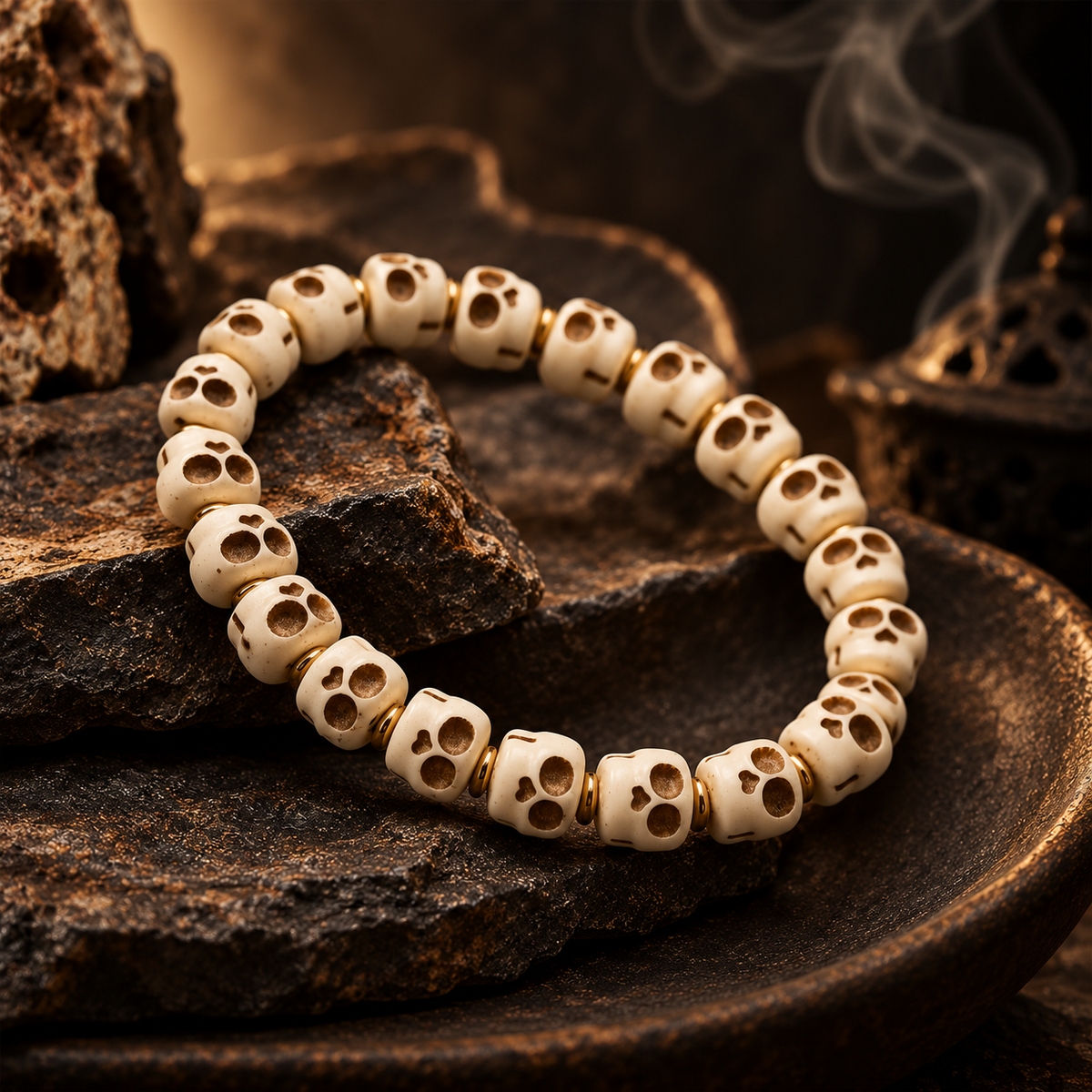 Tibetan Bone Beads Lord of the Corpse Forest Skull Pattern for Protection and Courage Bracelet