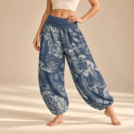 Cotton Casual Peony Flowers Leaves Women_s Elastic Waist Harem Pants