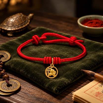 Elephant Fu Character Gold Plated Copper Red String Wealth Bracelet