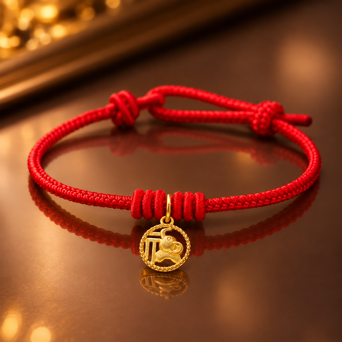 Elephant Fu Character Gold Plated Copper Red String Wealth Bracelet
