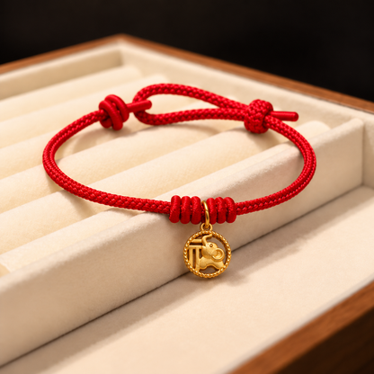 Elephant Fu Character Gold Plated Copper Red String Wealth Bracelet