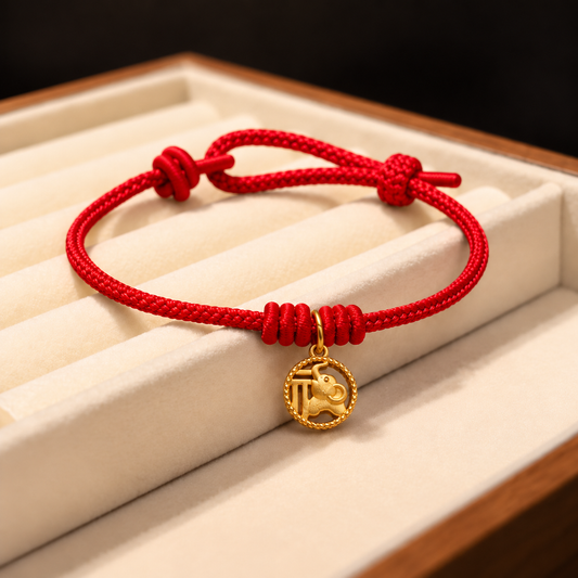 Elephant Fu Character Gold Plated Copper Red String Wealth Bracelet