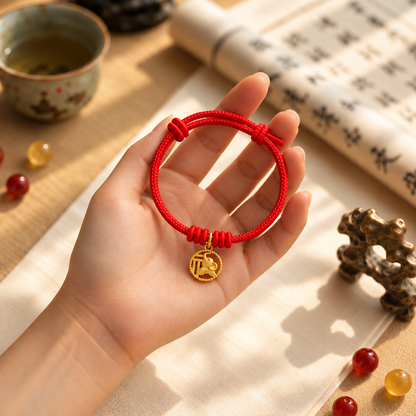 Elephant Fu Character Gold Plated Copper Red String Wealth Bracelet