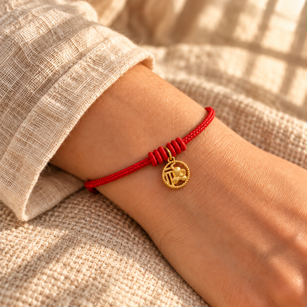 Elephant Fu Character Gold Plated Copper Red String Wealth Bracelet